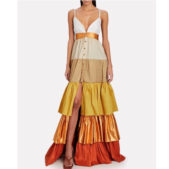 Kimberly Goldson Mari Copper Multi Tiered Maxi Dress Size 8 - Picture 4 of 16